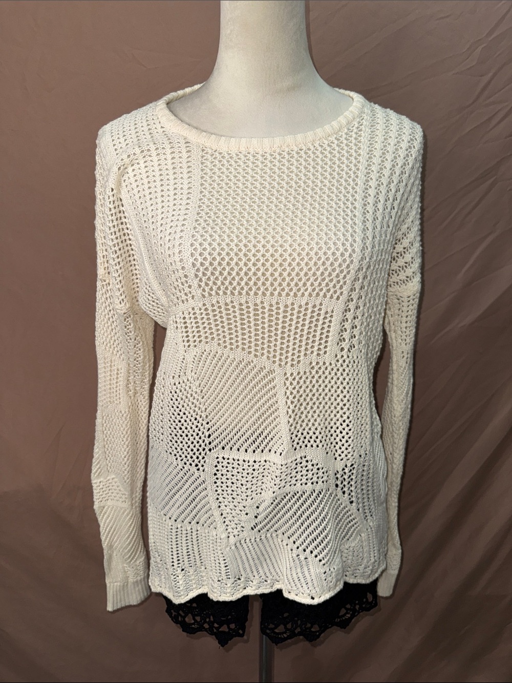 Volcom Cream Open-Knit Crewneck Sweater/ Swim Cover